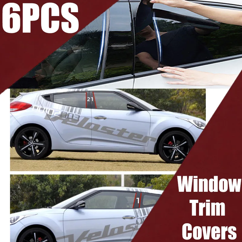 Convient pour Hyundai Veloster 2011-2020, garnitures de fenêtres modifiées avec pilier central noir brillant et motif en fibre de carbone.
