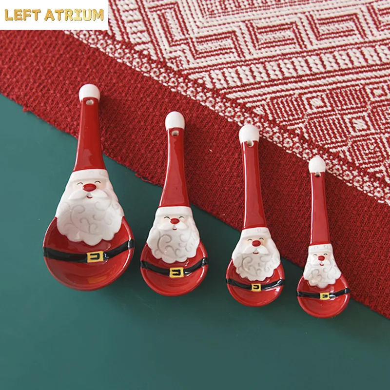 Santa Claus Pattern Ceramic Seasoning Spoon Set Home Kitchen Salt Sugar Spice Seasoning Spoon Style Nordic Scale Measuring Spoon