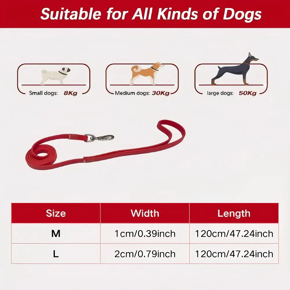 Silicone dog leash with stainless steel buckle, waterproof, easy to clean, odor-resistant, and stain-resistant.
