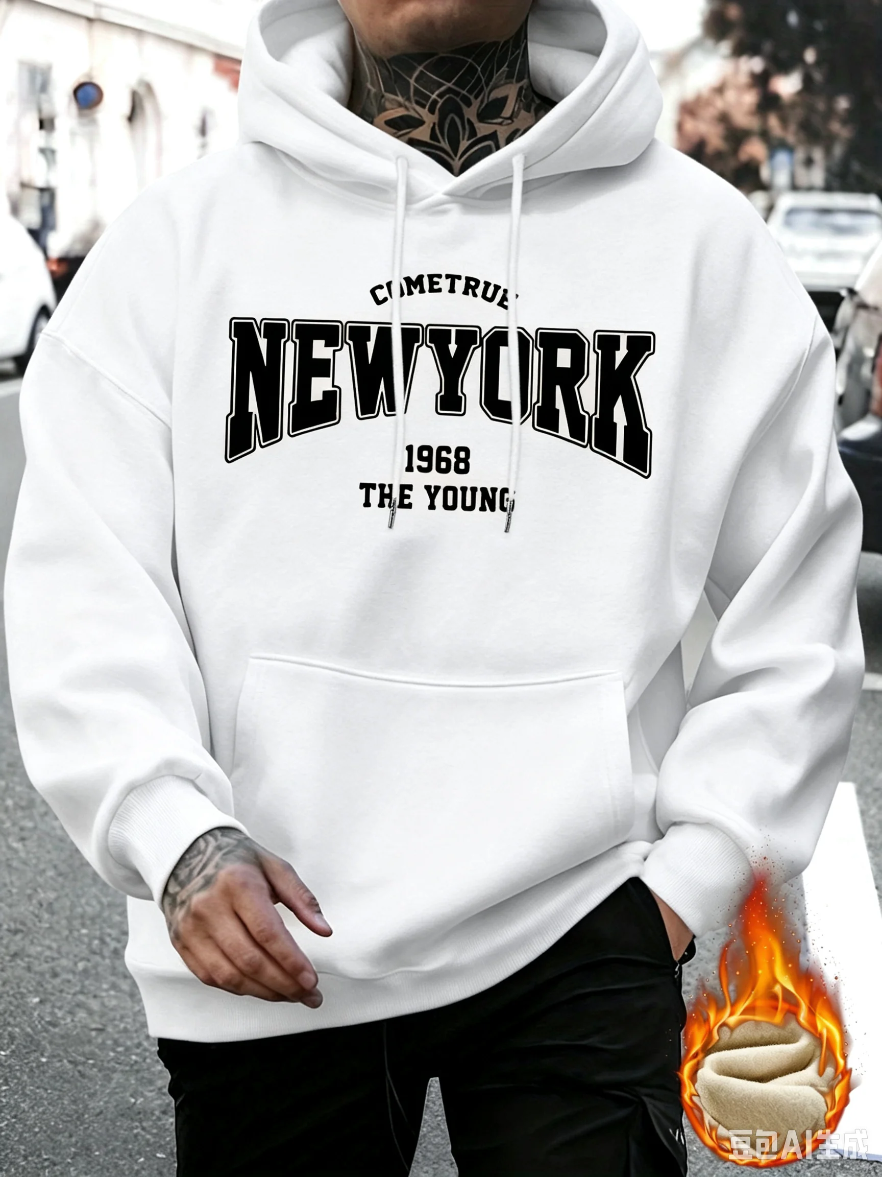New York Letter Print Hooded Sweatshirt, Men's Loose and Casual Hooded Sweatshirt, Autumn/winter Street Fashion Trend