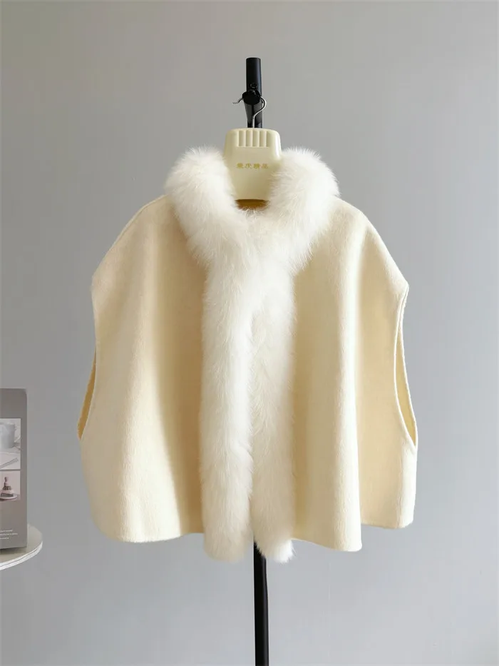 Women Autumn Winter Cape Vest Double Faced Wool Coat With Real Fox Fur Collar Elegant Sleeveless Woolen Outerwear Warm Overcoat