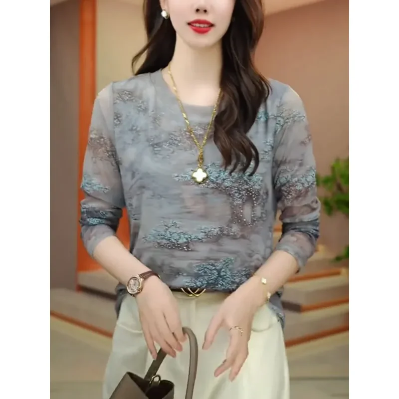 

High-end and High-end Mesh Long-sleeved Bottoming Women's 2025 Autumn New Slim Stylish T-shirt Top