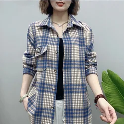 Women Spring and Autumn Fashion New Polo-Neck Thick Shirt Plaid Button Pockets Splicing Versatile Mid-length Long Sleeves Tops