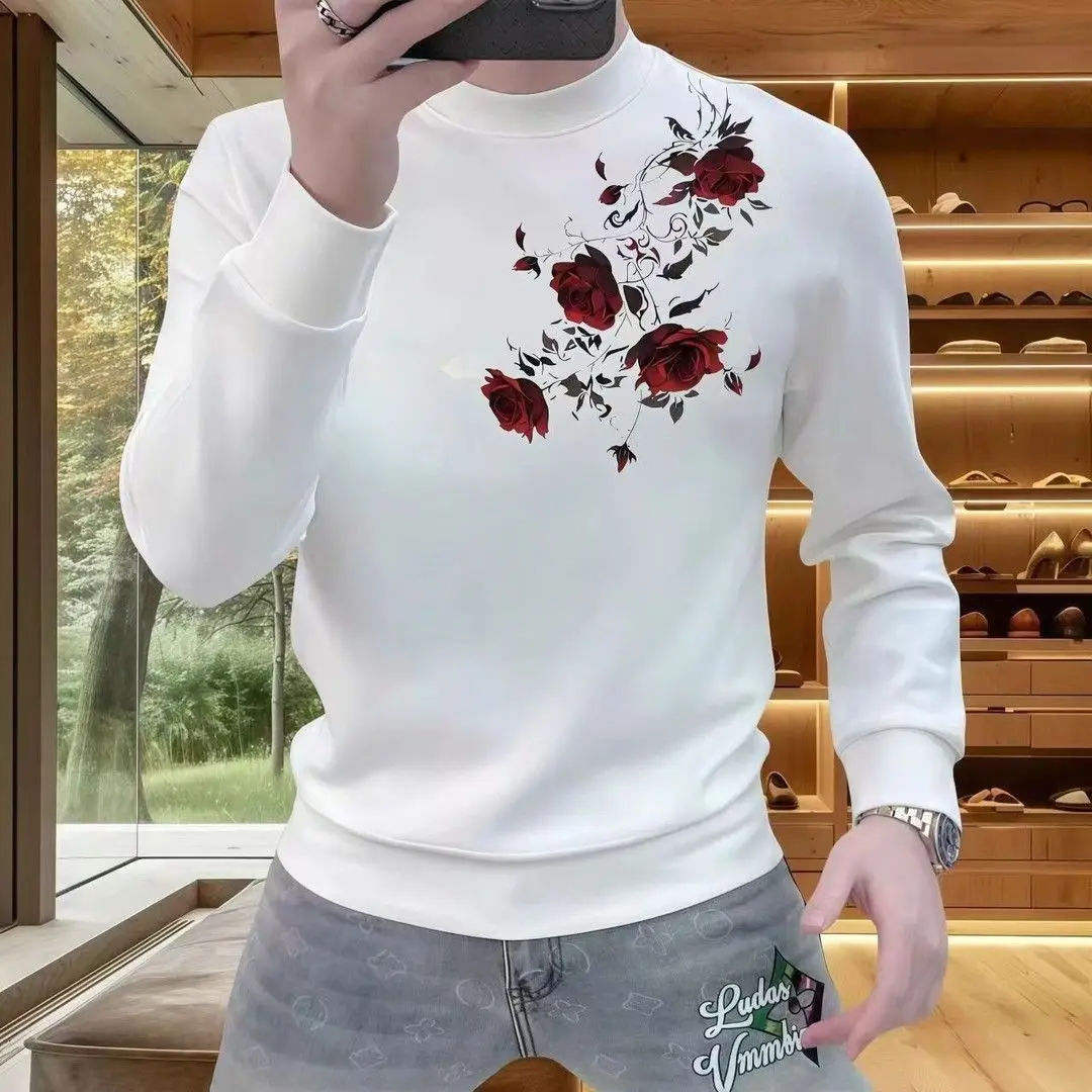 

Осень-зима, новые шикарные толстовки с цветочным принтом, мужская одежда, пуловер с круглым вырезом и длинными рукавами, тонкие универсальные эластичные топы JJ302