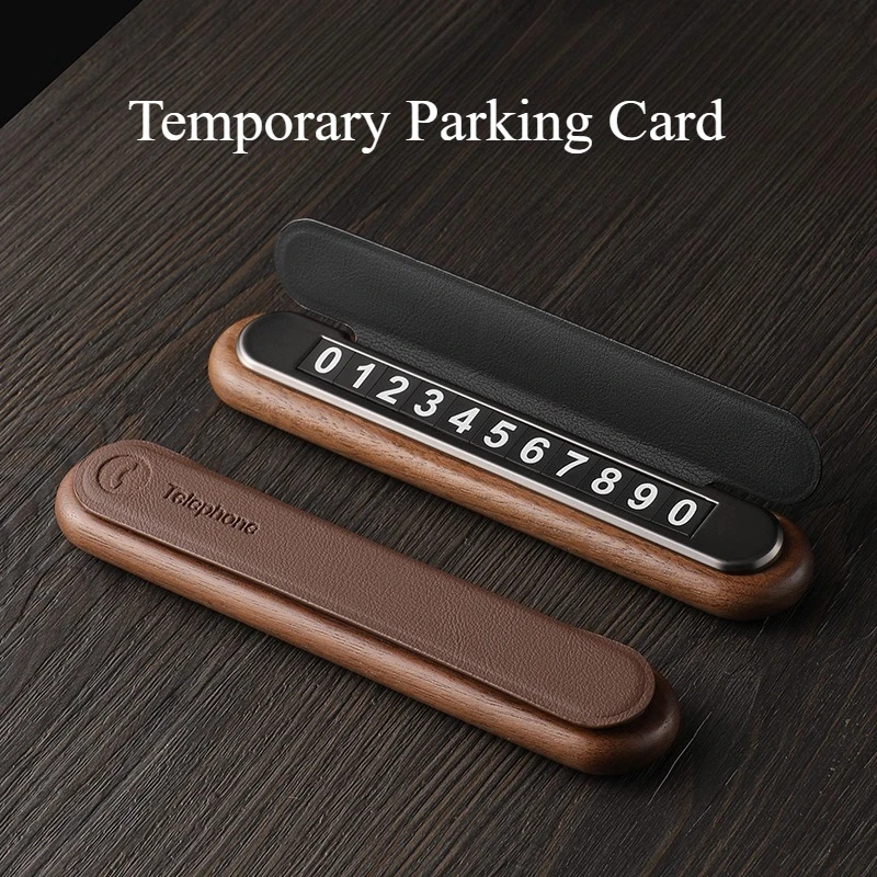 Black Walnut Wood Movable License Plate Telephone Number Car Parking Sign Hidden Creative Leather Temporary Sign Car Supplies