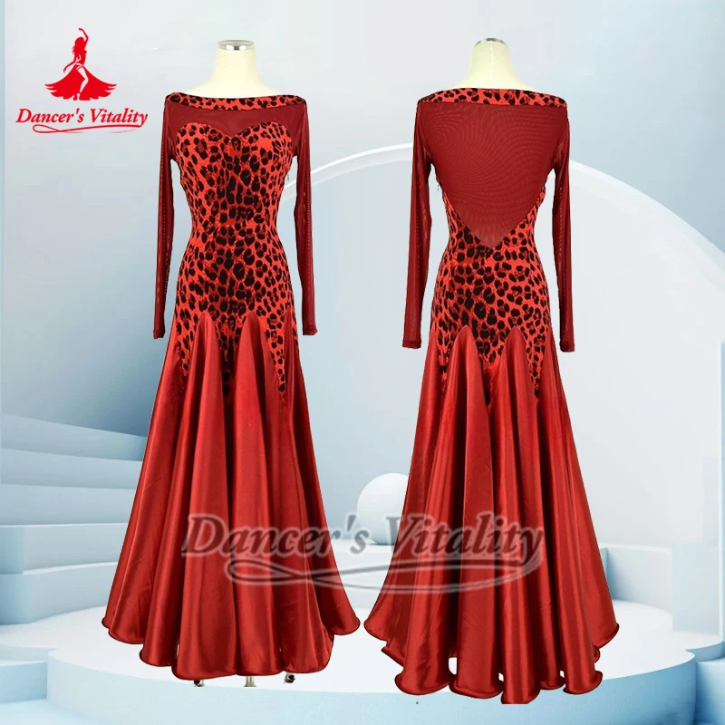 Adult&Teenagers Waltz Foxtrot Long Sleeves Dresses Custom Dancer's Vitality Red Leopard Print Ballroom Dance Training Clothing