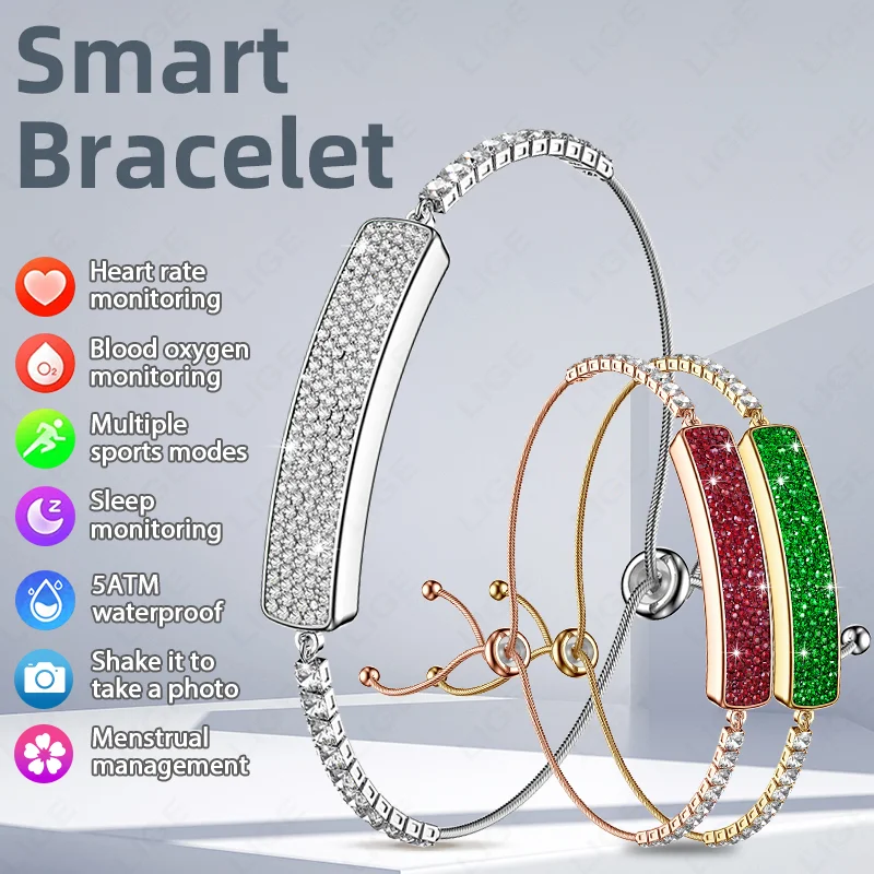 LIGE Fashion Diamond Ladies Smart Bracelet 5ATM Fitness Heart Rate Stress HRV Health Monitor Step Counting Smartwatch Women Band