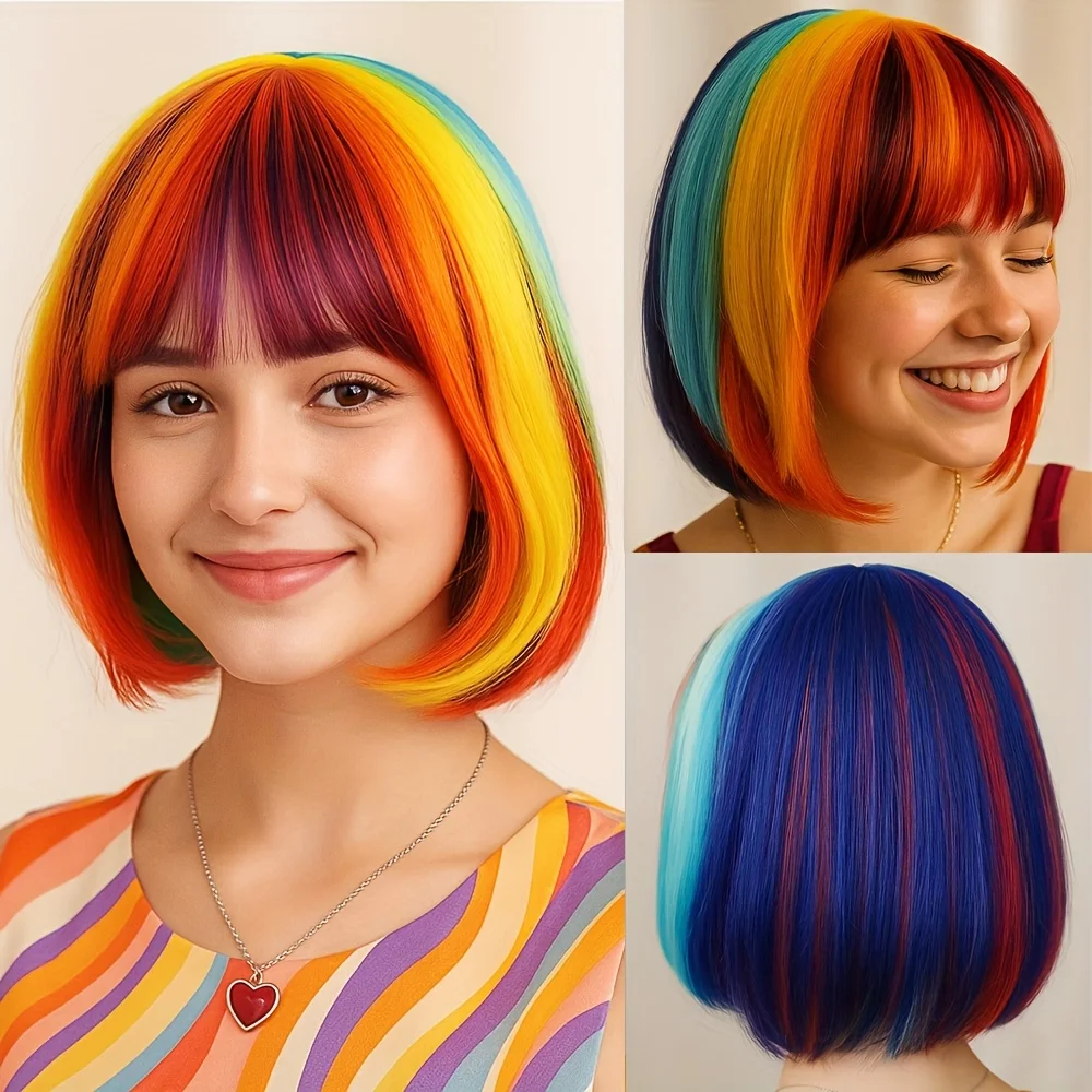 Women's Synthetic Fiber Wig with Bangs Short Straight Bob Style Perfect for Cosplay Parties