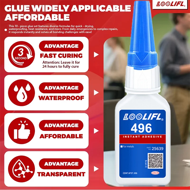 Loolifl496 Strong Adhesive Quick-Drying Glue, Fast-Curing Cyanoacrylate Adhesive for Metal, 5-10 Seconds Fast-Setting Heavy-Duty Transparent Liquid Glue, Suitable for Strong Permanent Bonding of Metal, Aluminum, Steel, Iron, and Hard Plastics, Industrial and Household Repair DIY Crafts Quick-Drying Glue, 20g Precision Tip Super Glue