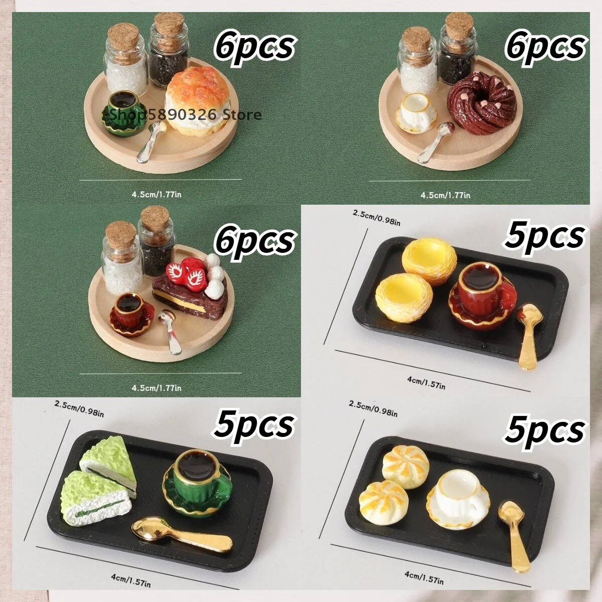 6-Piece Miniature Tray, Coffee Cups, Sugar, Bottle, and Cake Set for Realistic Dollhouse Ornaments.