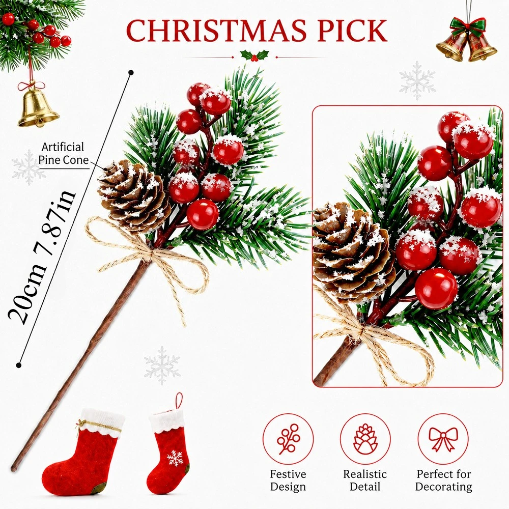 5/10 Stück Künstliche Tannenzapfen Weihnachtszweige Kunstpflanzen für Wohnzimmer, Party, Blumenkränze, Geschenke, DIY Weihnachtsdekoration – Detail 2