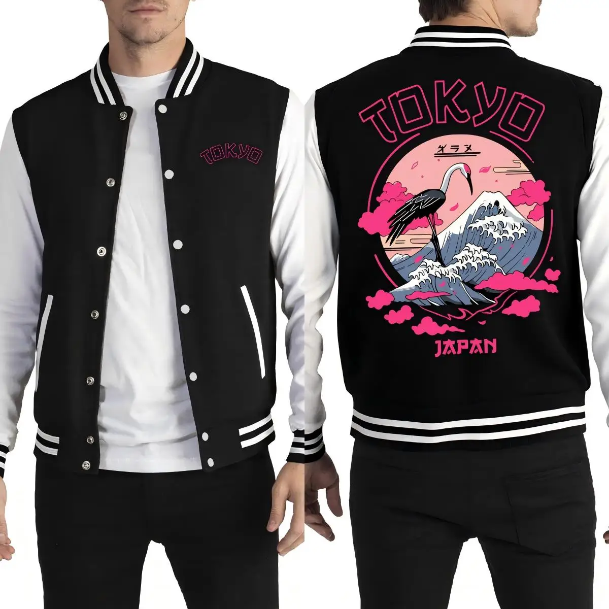 

Токио, Япония, куртки с принтом журавля и волн, мужская флисовая бейсбольная форма в стиле хип-хоп, одежда большого размера с карманами, осенняя мужская уличная одежда