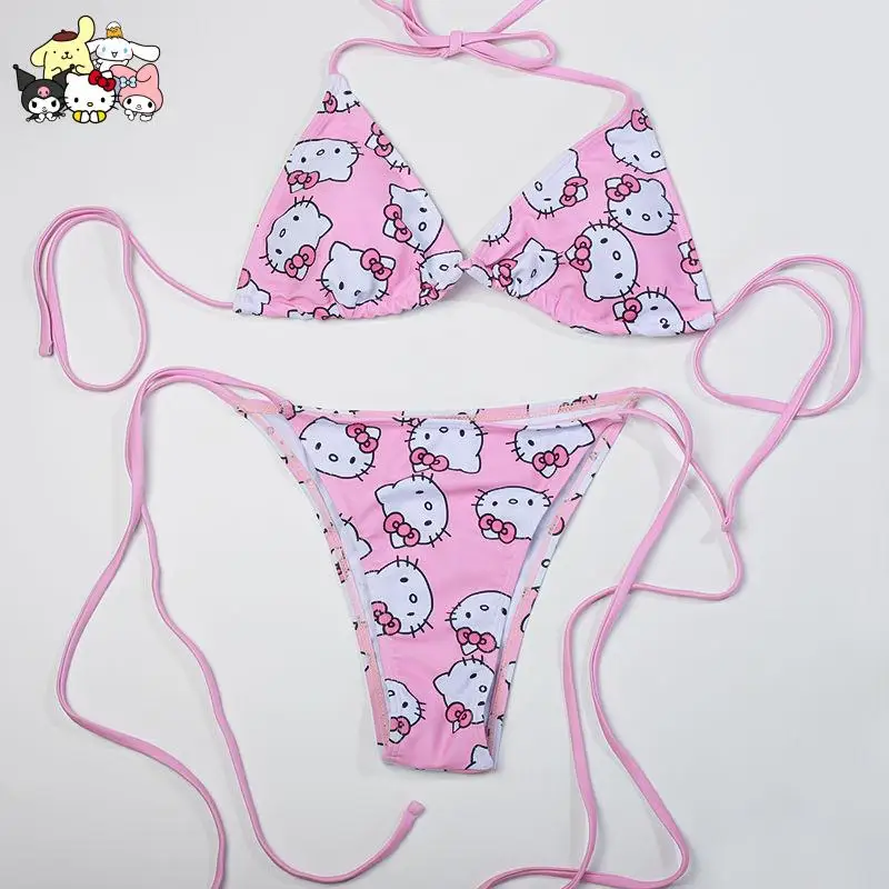 2Pcs Sanrio Hello Kitty Bikini Set women Sexy Kawaii  Printed Underwear Tie Swimsuit Ladies Adjustable Panties girl Bra Suit