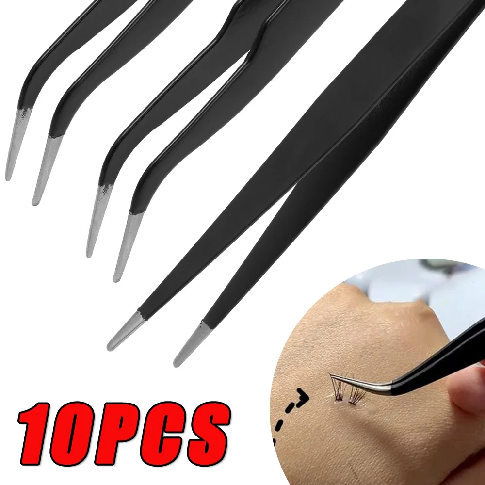 10PCS Curved Tip Eyelash Extension Tweezers with Protective Cover Stainless Steel Curved Tip Tweezer Nail Rhinestone Picker Tool