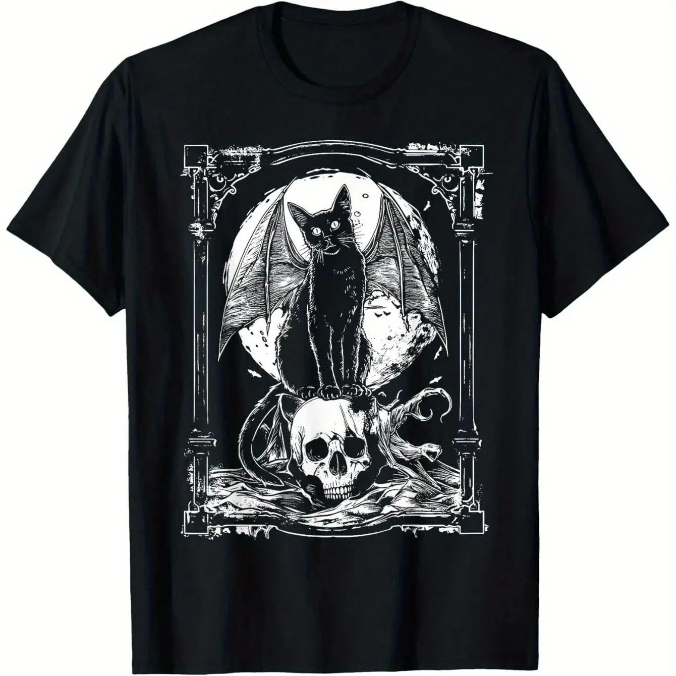 2026 Summer Mysterious Bat Skull Gothic Pattern T-shirt Men's Black Metal Punk Style Perfect Outdoor Casual Avant-garde Fashion
