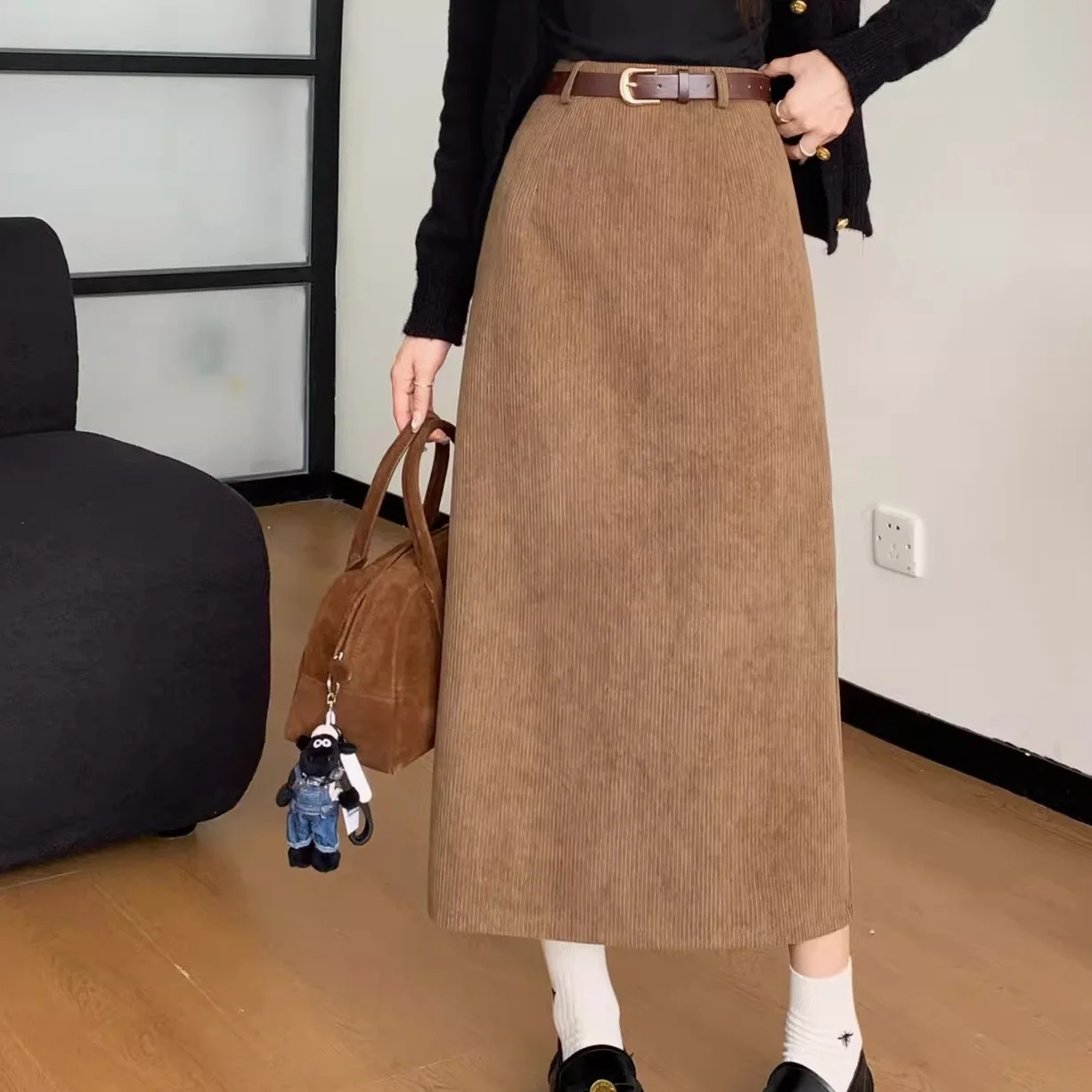 Retro Hong Kong Style Thickened Corduroy Solid Color Half-length Skirt Women's Autumn Winter Wraparound Skirt Mid-length Skirt