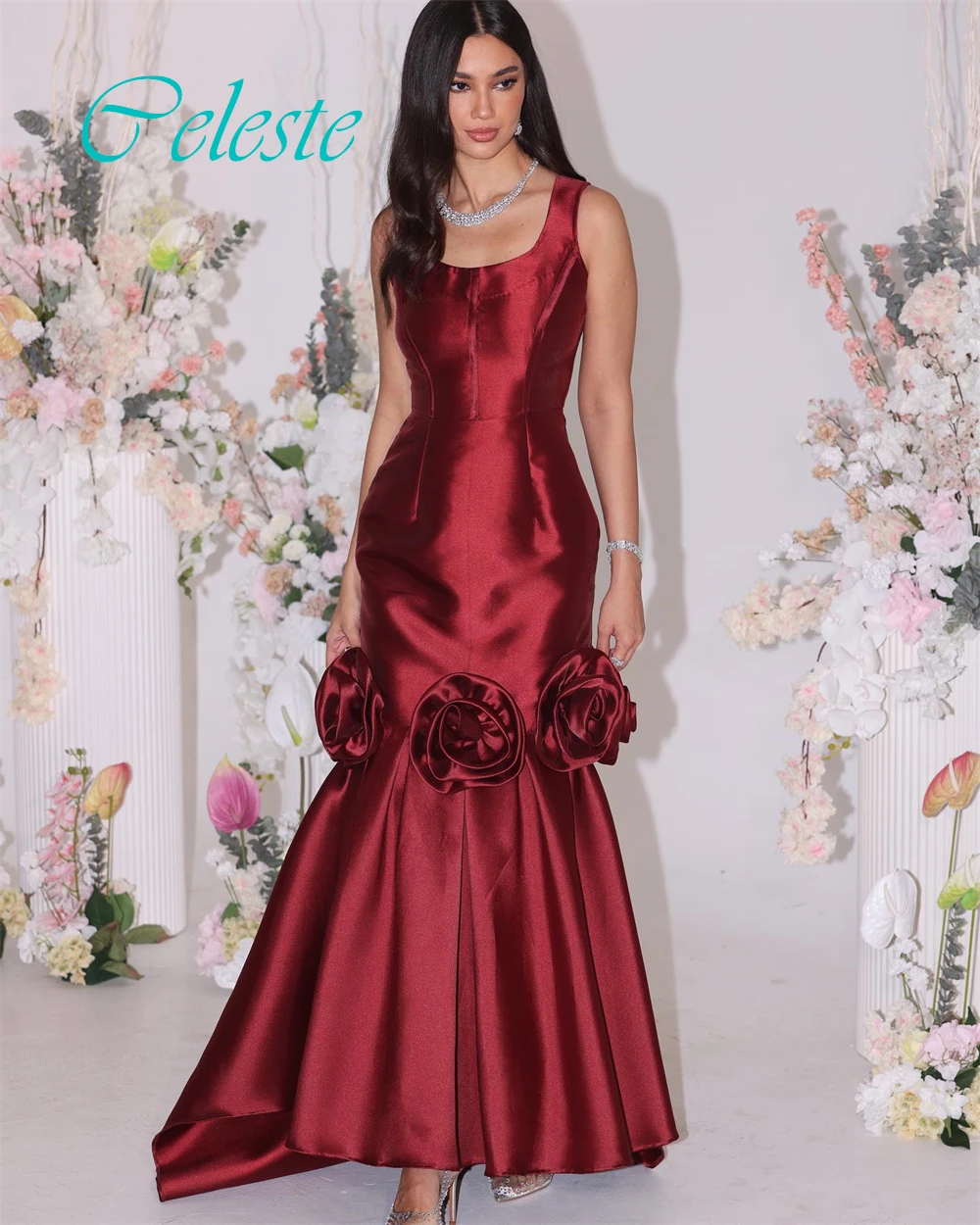 فستان سهرة مخصص بأشرطة سباغيتي رشيقة وفساتين مناسبة خاصة من الساتان الرائع وفساتين حفلات الزهور الرقيقة