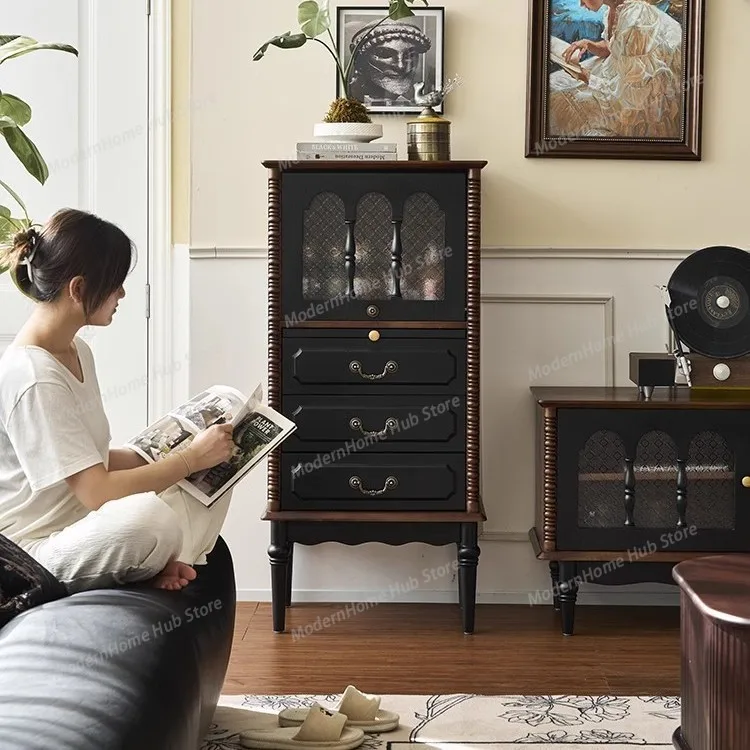 French solid wood side cabinet household small apartment light luxury drawer three bucket cabinet living room retro glass displa