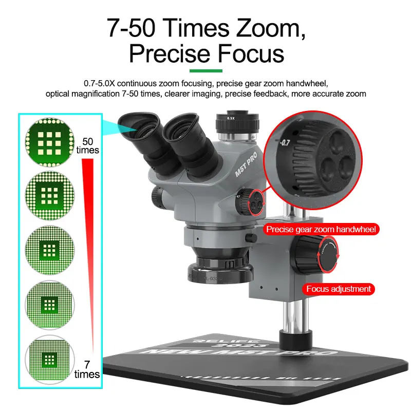 Microscópio trinocular HD RL-M5T Pro-B11 Novo design de aparência, ocular grande angular HD 10x, zoom 7-50 vezes, foco preciso。