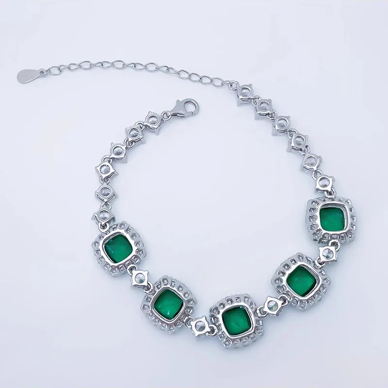 Vintage Luxury Silver Color Square Emerald Bracelets for Women Girls Fashion Banquet Dress Bracelet Party Wedding Jewelry Gift