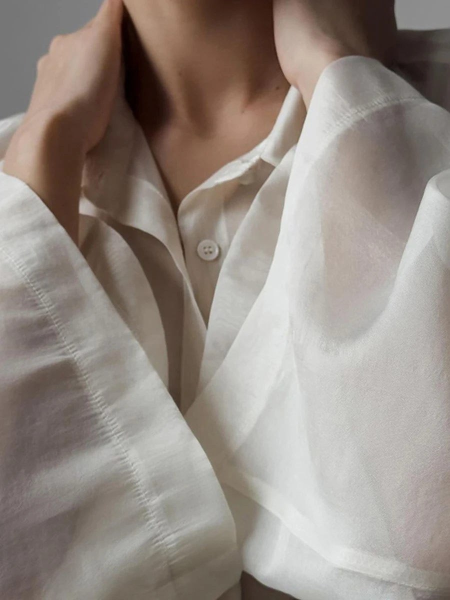 Camicette a maniche lunghe trasparenti solide Camicette da donna con colletto couverture Camicia monopetto Top Estate Nuova camicetta semplice moda casual