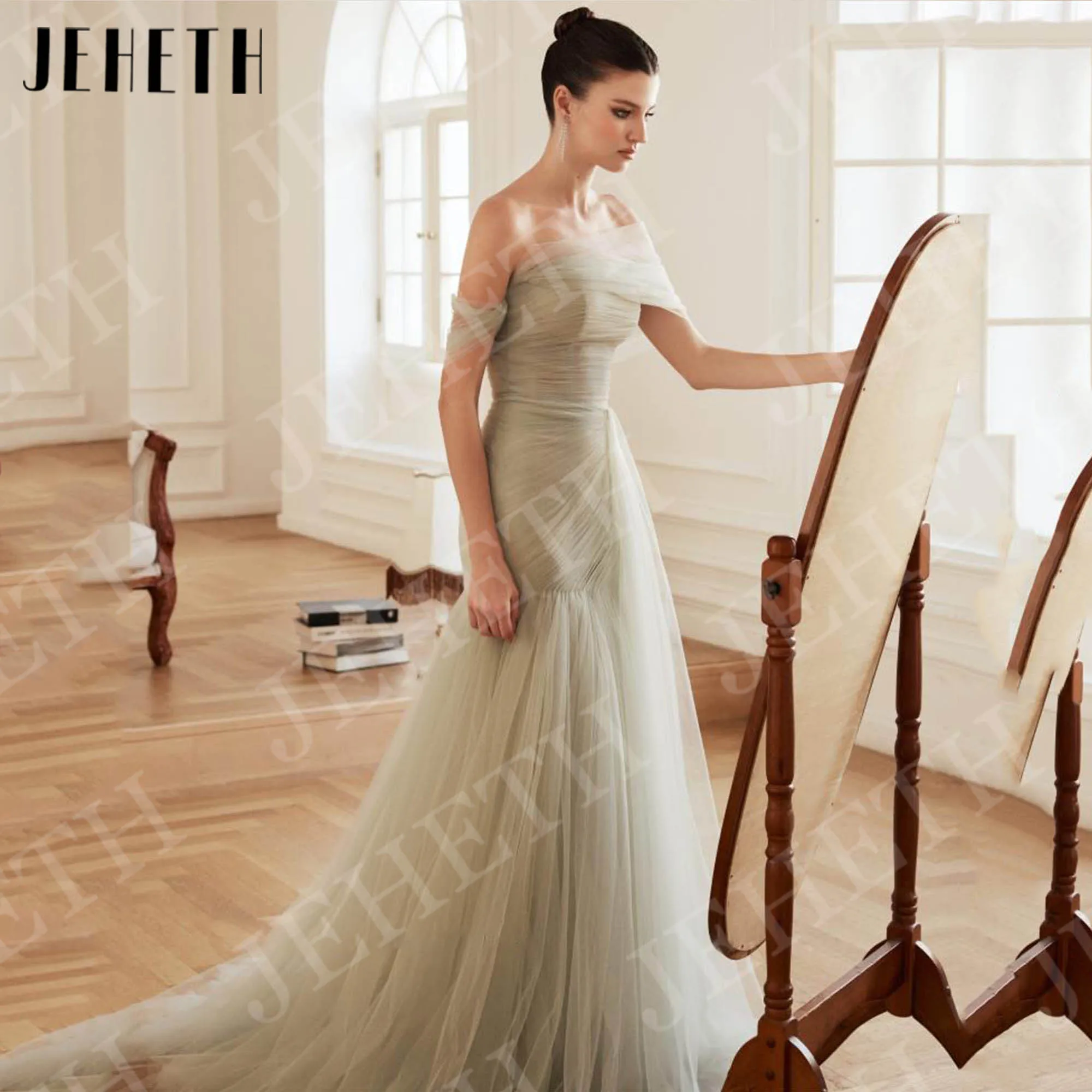 

JEHETH Off Shoulder Tulle Evening Dress Formal Elegant Mermaid Light Green Prom Party Dresses Customized فساتين حفلة موسيقية
