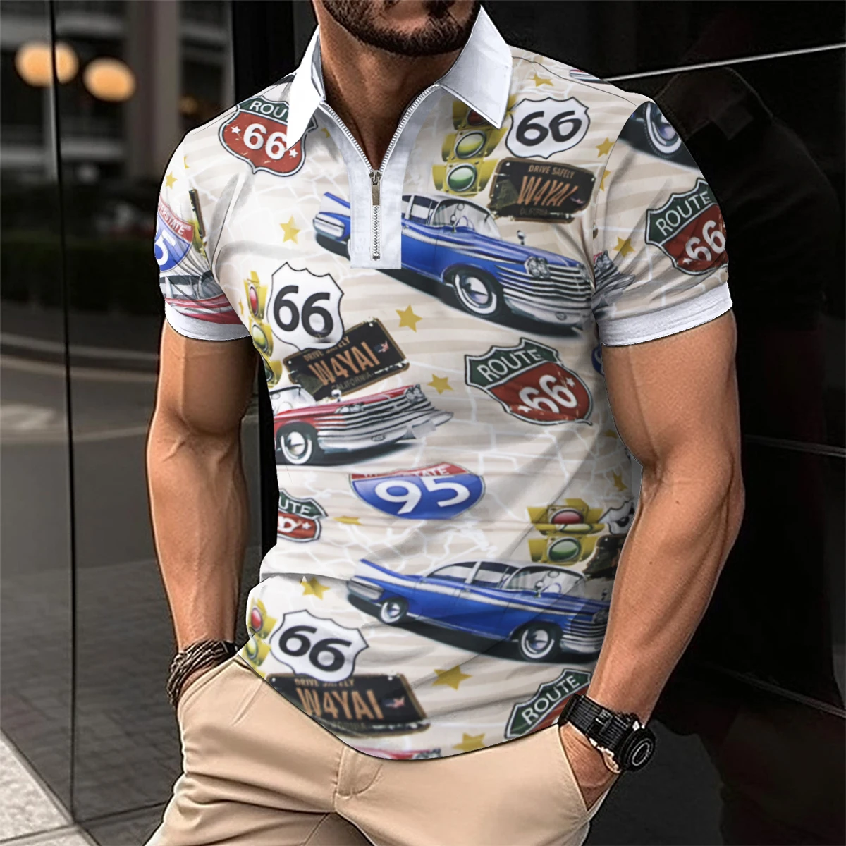 Fashion Summer Men\'s Polo Shirt Lapel Zipper Short Sleeve Printed Striped Patchwork Men\'s Shirt Casual Sports Polo Shirt