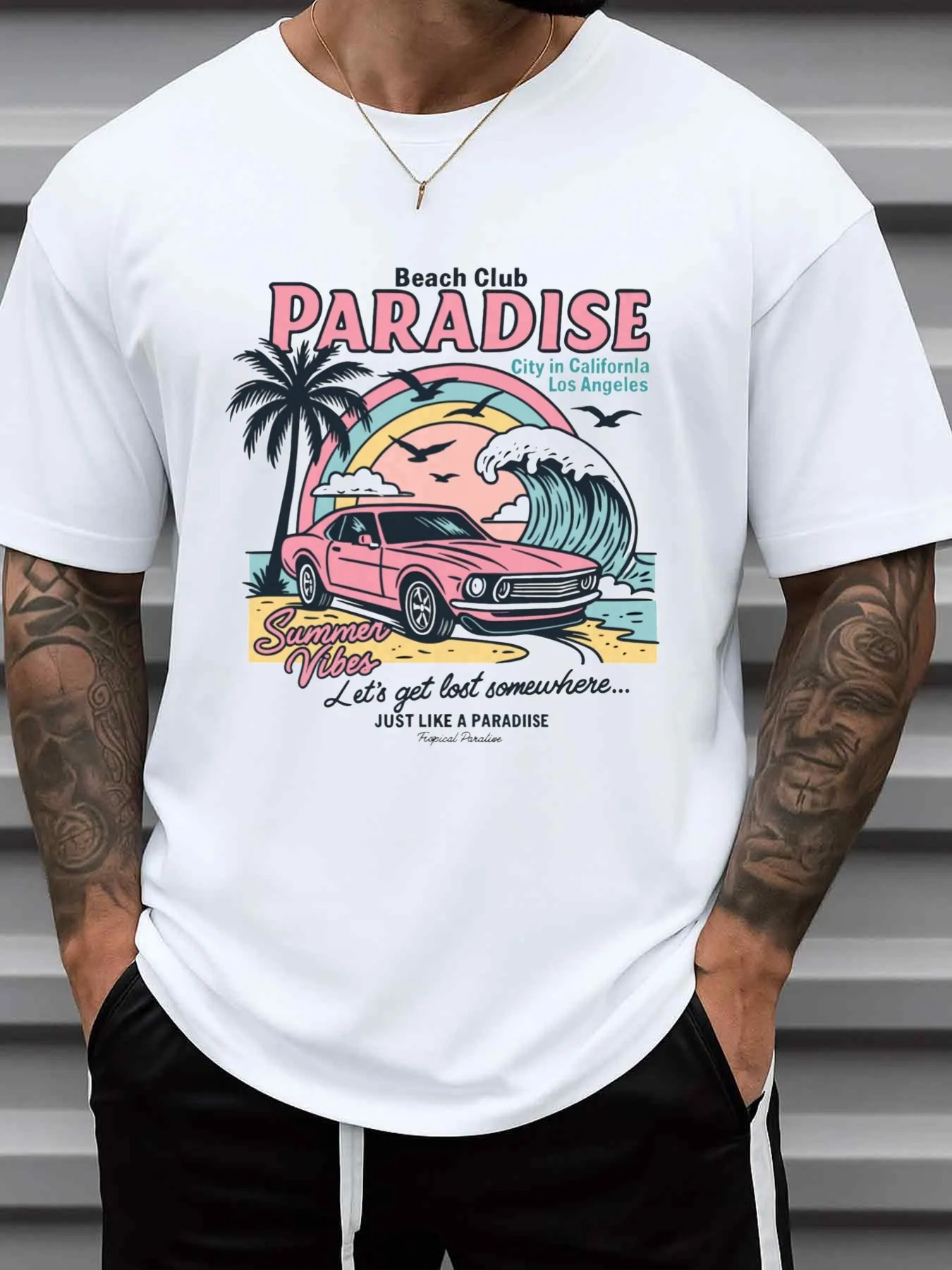 Paradise Vibes T-Shirt, White, Men's All-Season Fitness Top, Stylish Sporty Style, Durable Sportswear, Crew Neck, Short Sleeves, Regular Fit, Digital Heat Transfer Print, Perfect for Weekend Casual Wear