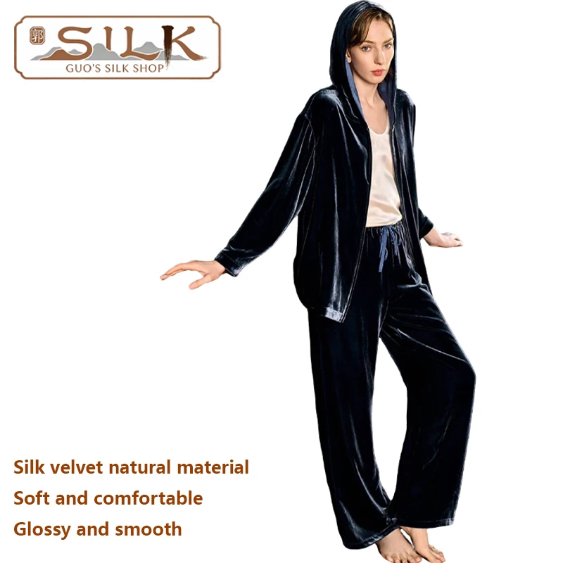 

Высококачественный шелковый бархатный женский костюм, рубашка с длинными рукавами и длинными брюками, комплект из 2 предметов, роскошная повседневная одежда, мягкий тонкий легкий вес