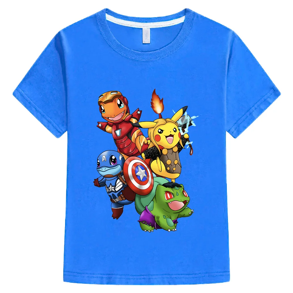 MINISO Avengers Fun T-shirts Charmander Pikachu Tees Children Cotton Clothing Little Kids Boys Girls Tshirts Fashion New Tops