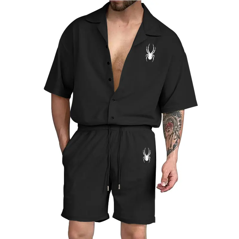 

2024 New Summer Men's Set Trend Solid Color Printed Lapel Short-sleeved Shirt And Shorts Two-piece Brand Men's Clothing