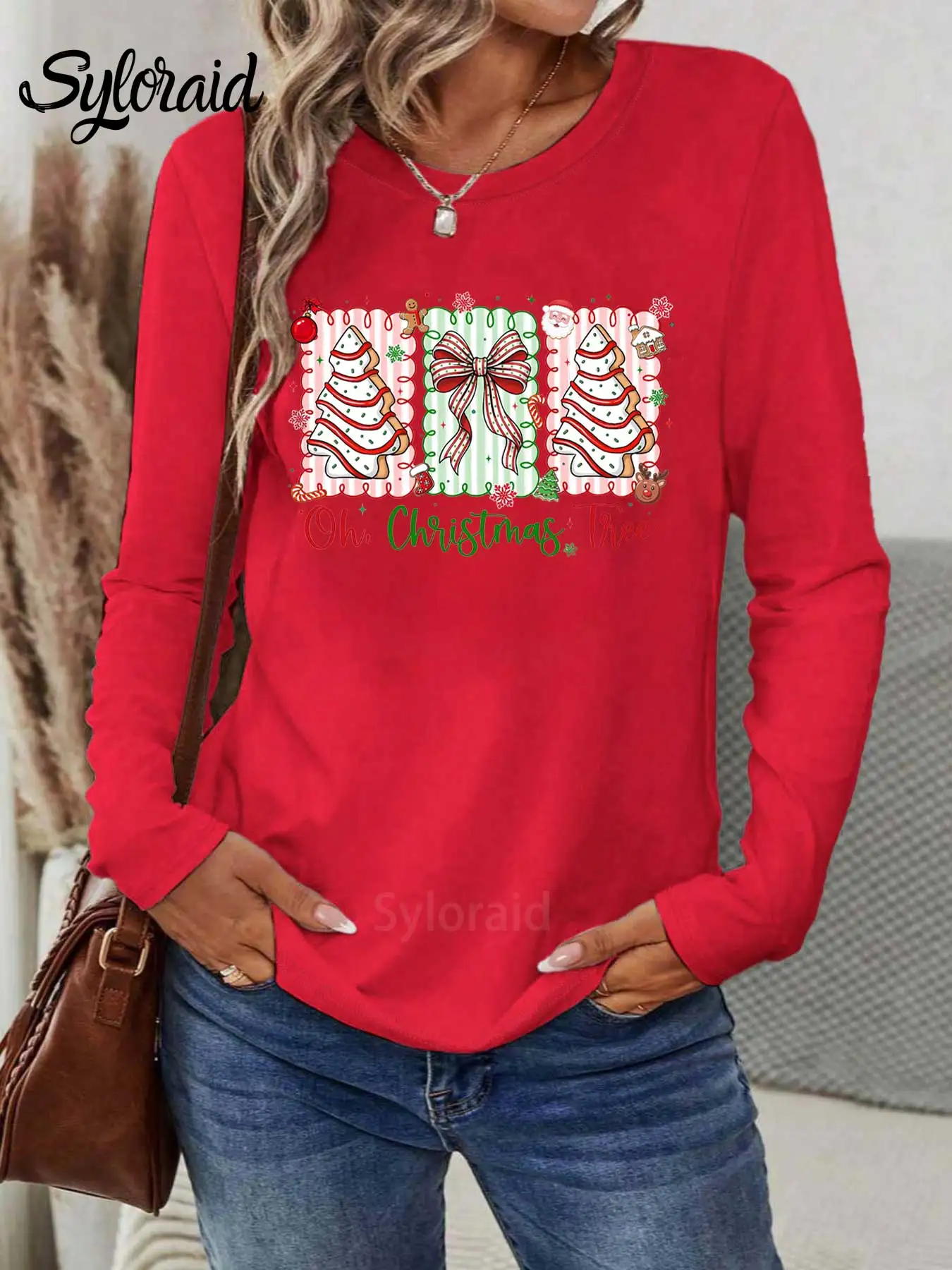 レディース長袖Tシャツ、花柄クリスマスツリーケーキグラフィックTシャツファッションラウンドネックカジュアルトップオールシーズン対応