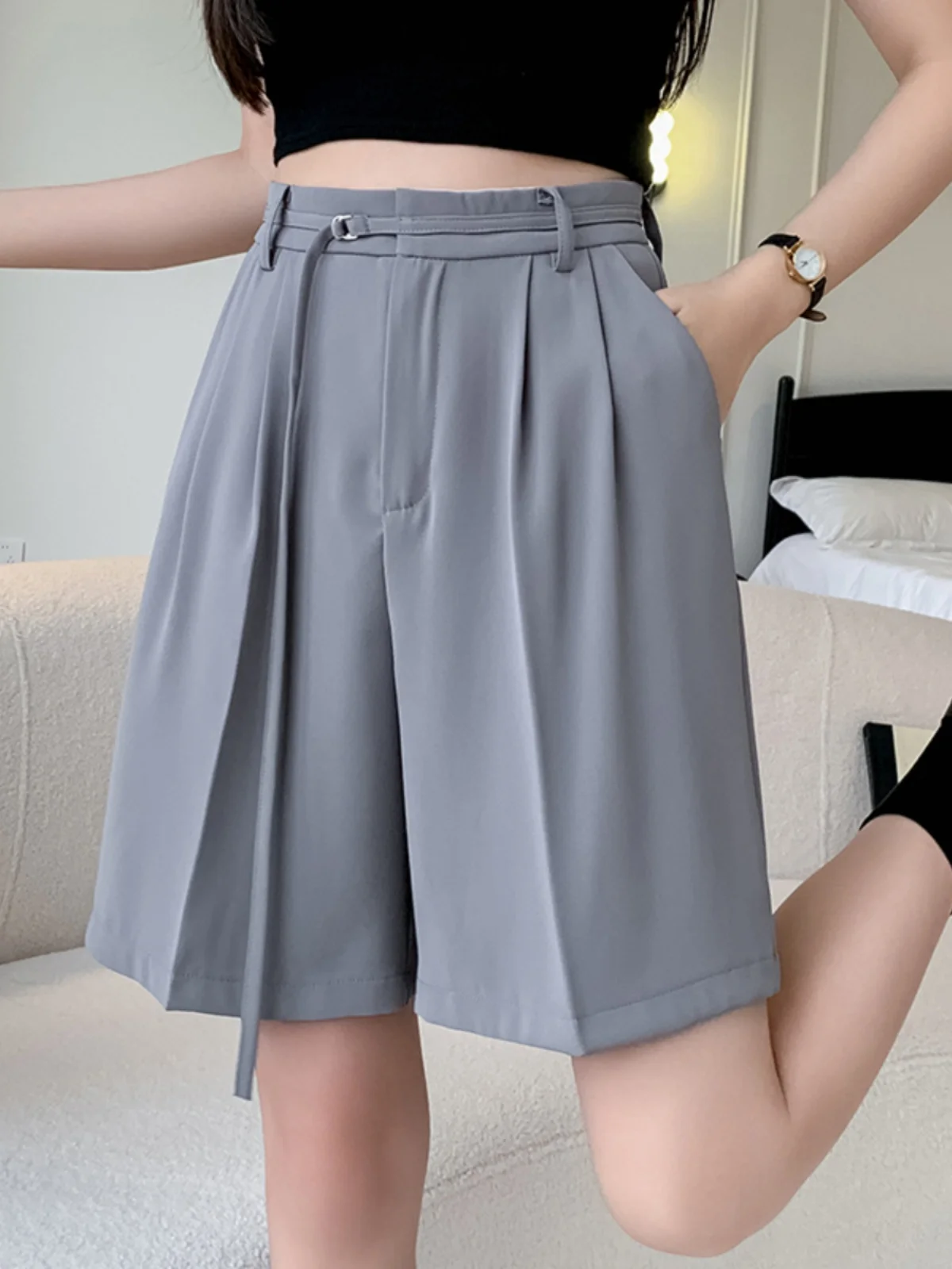 

Emily Clud Recommended Women's Suit Wide Leg Pants High Waist Slimming Five-Quarter Length Casual orts for plus Size