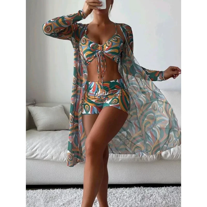 Beachwear Women\'s Split Body 3-pcs Set Swimsuit Drawstring Bathing Suit High Waisted Long Sleeved Thin Cover Shirt Spring Summer