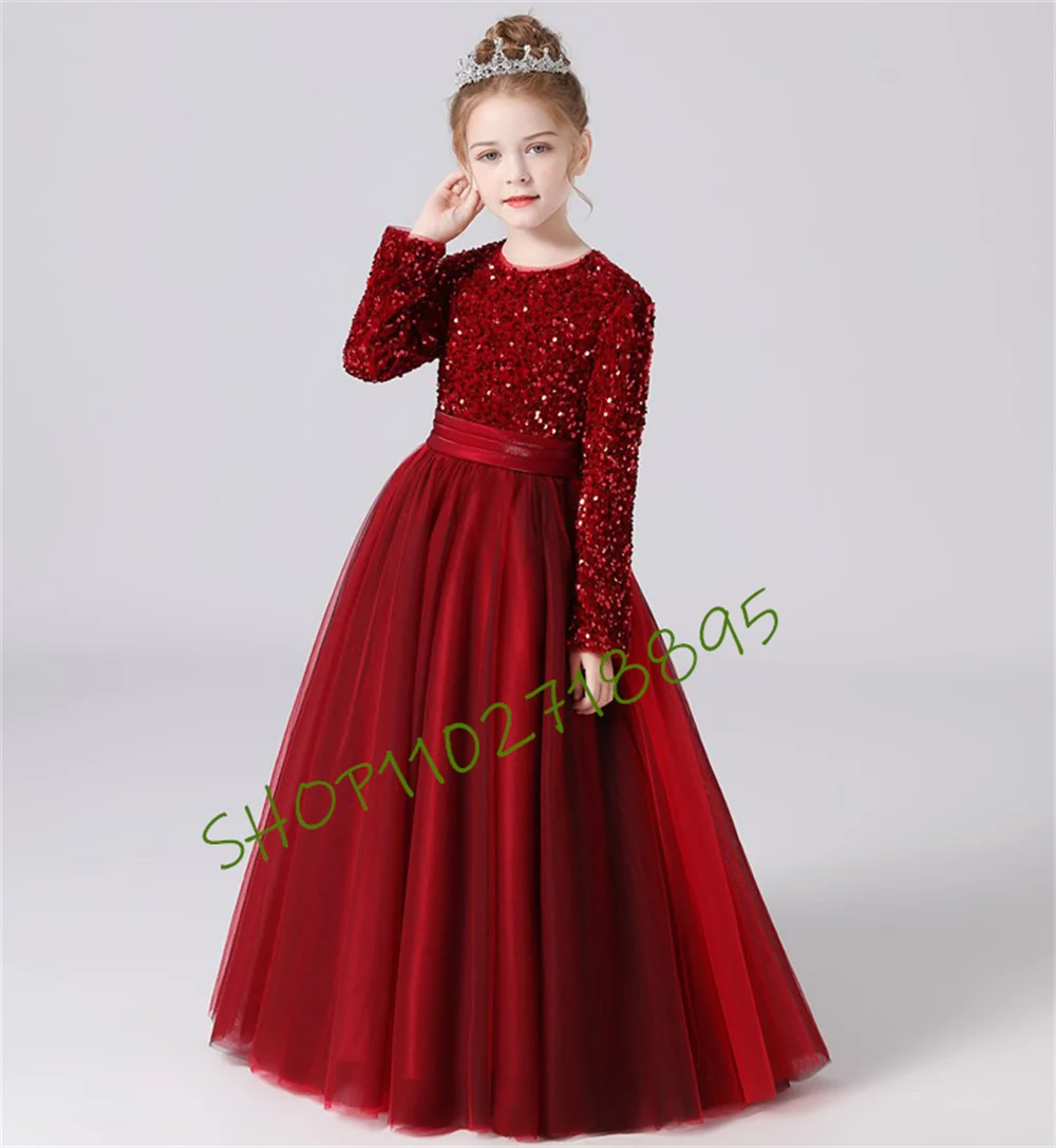 Sequin Tulle Long Sleeves Junior Bridesmaid Dress Flower Girl Dresses Puff Skirt Girls Pageant Evening Party Gown