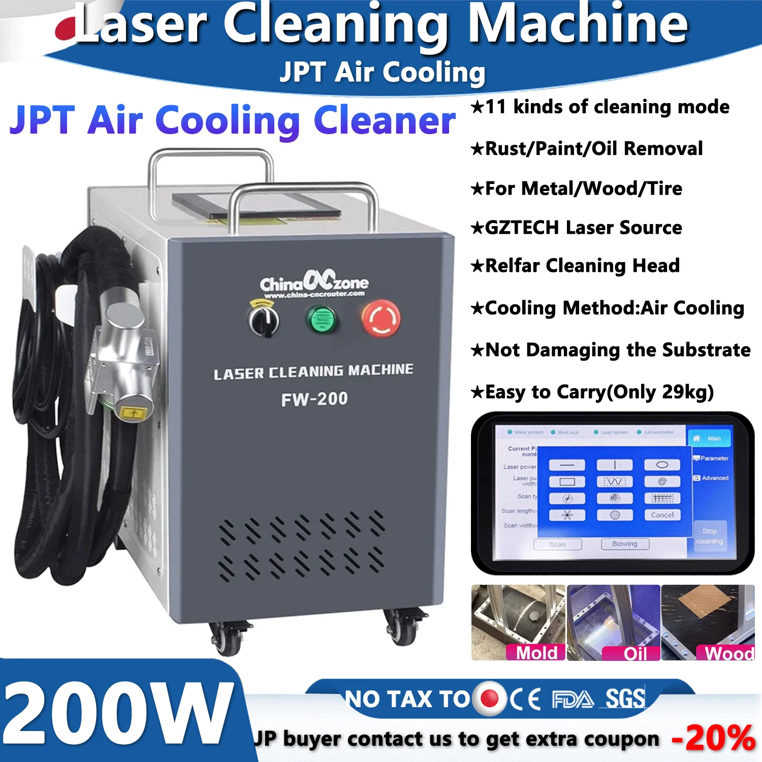 200W JPT Pulse Laser Cleaner Industrial Mold Rust Removal Cleaning Oil Paint Metal Rubber for Furniture Double Lens