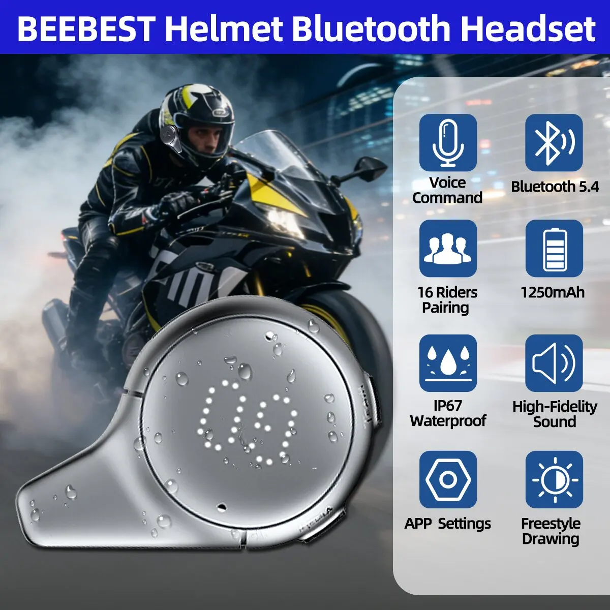 

BEEBEST Motorcycle Helmet Intercom Headset Waterproof Bluetooth Wireless Walkie Talkie Handsfree Long Range for Motorcycle Rider