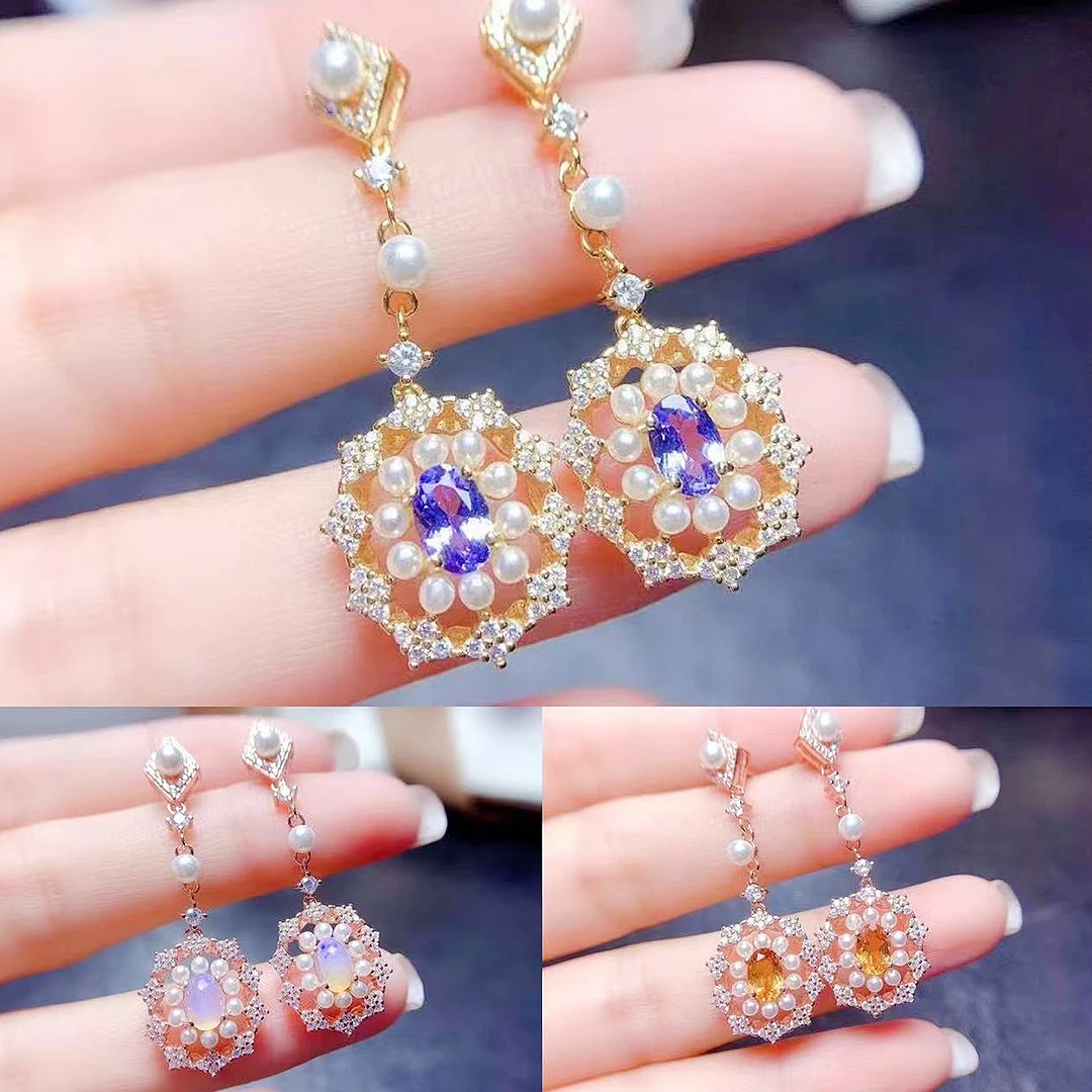 FS Natural Tanzanite/Citrine/Opal Earrings S925 Pure Silver Fine Fashion Charm Luxury Weddings Jewelry for Women MeiBaPJ