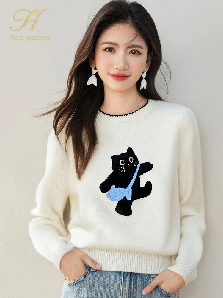 

H Han Queen 2025 Autumn Winter O-Neck Korean Pullovers Sweaters Loose Chic Vintage Casual Long Sleeve Knitwear Woman Clothing
