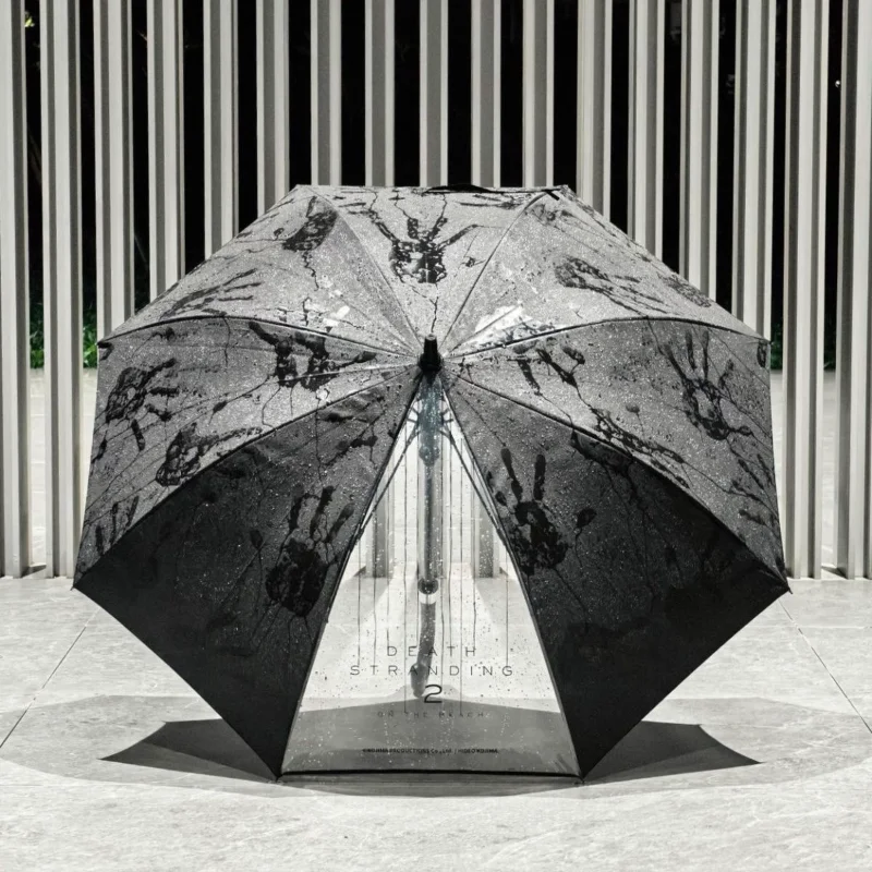 Dark Palm Print Long Stick Umbrella Semi-Automatic Transparent Spliced Parasol Black Coating UPF40+ Sun Rain Dual Use 8 Rib