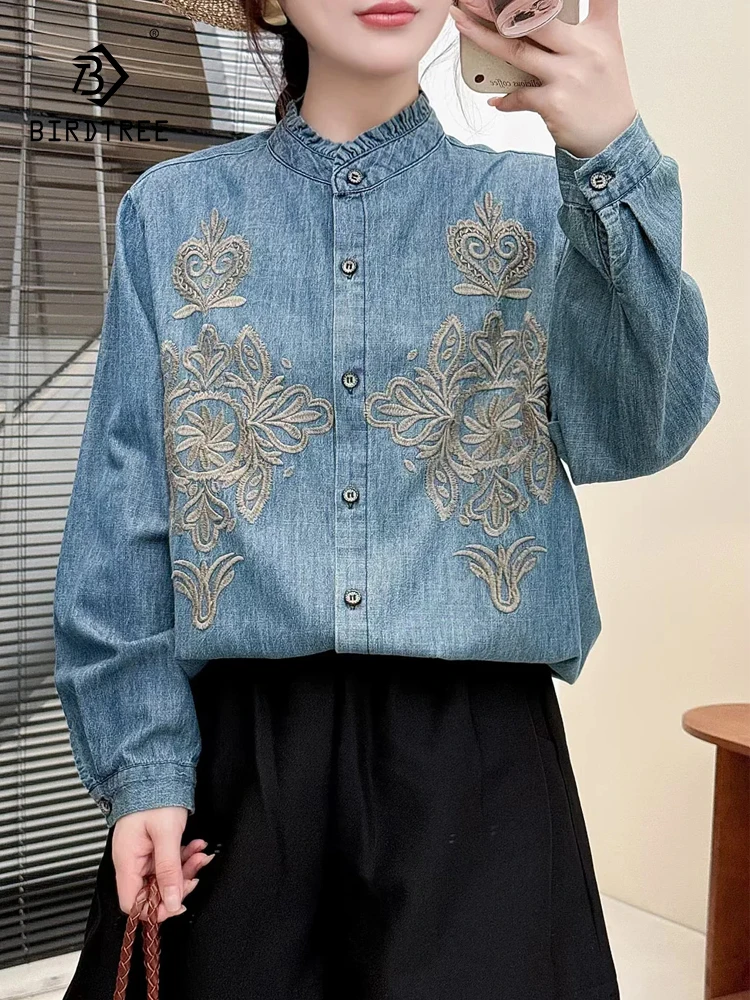 

New 2025 Autumn Long Sleeve Denim Shirt, Women Stand Embroidery Ruffles, Mori Girl Retro Bohemia Commute Loose Blouse T58826CC
