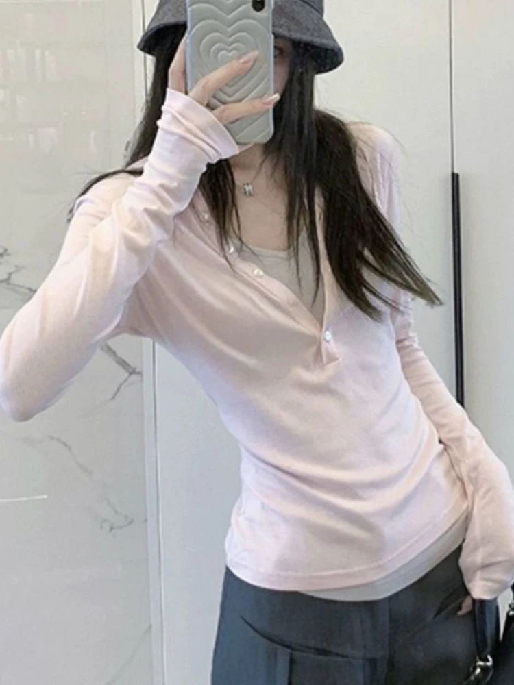 

Korean Style Pink Fake Two-piece V-neck T-shirt Women Spring Sweet Long Sleeve Slim Fit Base Top Korea Chic Color Block Blouse