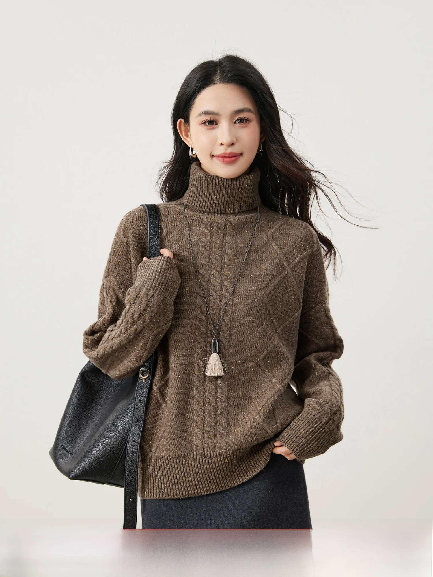 

High-Quali 00% Wool Knit Sweater Women's Floral Twist Texture High Collar Long Sve Winter Faion Soft Comfortable Casual