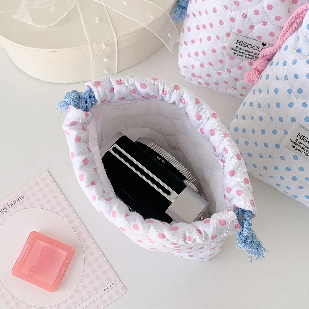 Cute Polka Dot Quilted Drawstring Bag Portable Camera Pouch Pink Blue Cosmetic Makeup Storage Bag Ins Aesthetic Travel Pouch