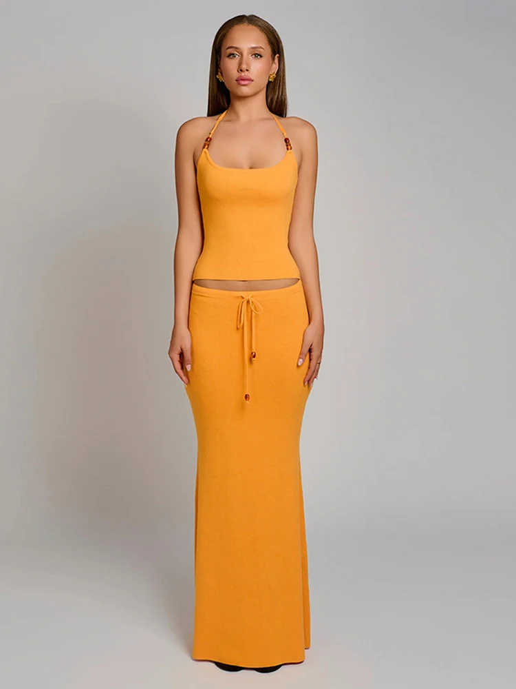 

Sisterlinda Summer Matching In Sets Classic Solid Bandage Halter Slim Backless Tanks+Maxi Skirts Female Basic High Street Set