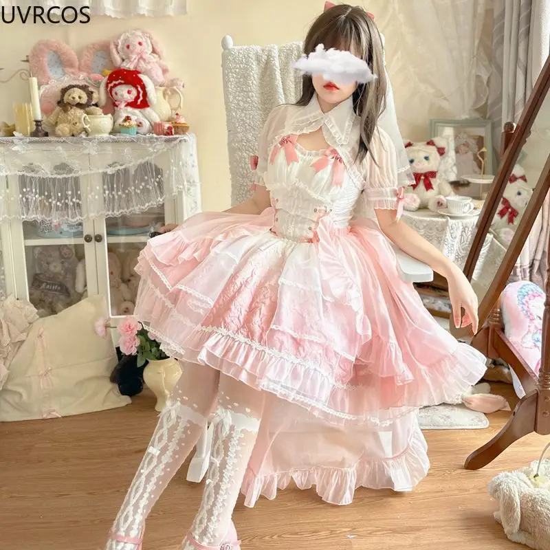 Robe Lolita Rose Dégradé pour Femme, Vêtement Doux, Slim, Bandage, Nministériels d Floral, Vintage, Élégant, Ensemble de Robe de Soirée, Kawaii