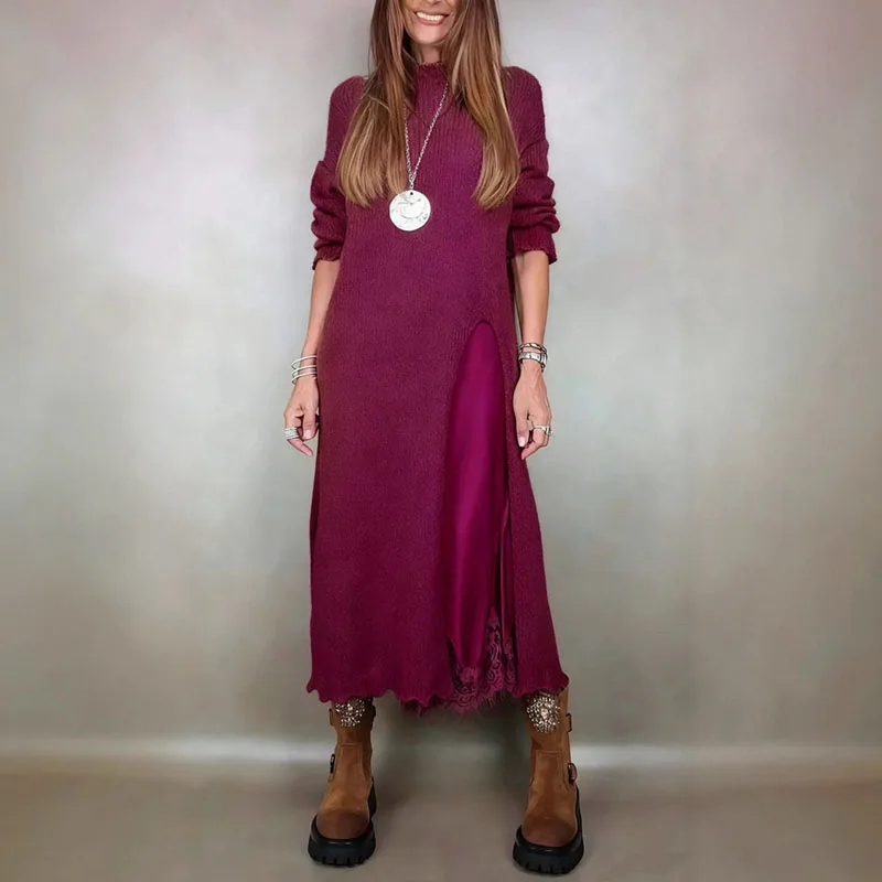 New Autumn Winter 2 Piece Set Women Casual Solid Split Knitted Sweater Long Dress Suit Sexy V Neck Patchwork Lace Casual Outfits