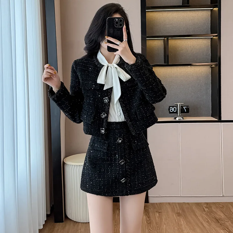 

Black women's coarse tweed 2-pcs set jacket+high waisted skirt 2025 new autumn/winter small fragrance style temperament set