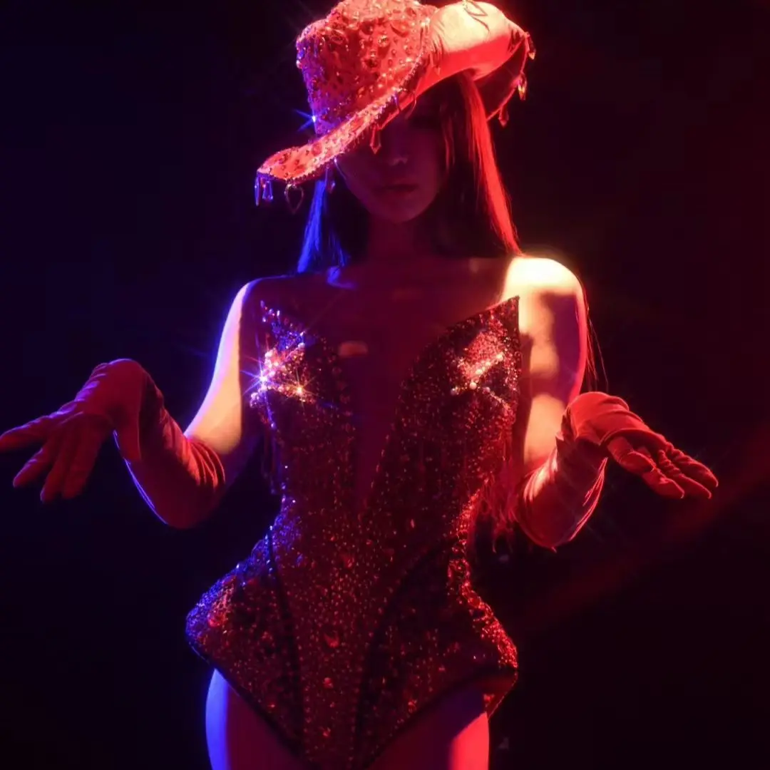 Sparkly Diamonds Deep V Neck Bodysuit Gloves Hats Set for Women Sexy Performance Dance Costume Dancer Show Stage Wear Qianwan