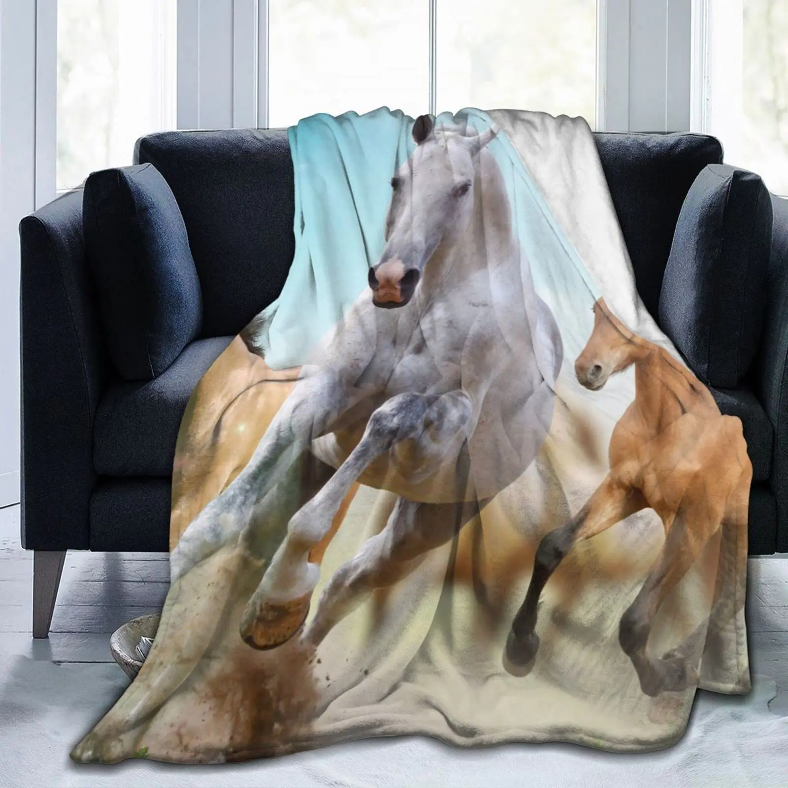 Western Galloping Horse Throw Blanket Lightweight Soft Warm Flannel Blanket for Bed Couch Sofa Living Room,Brown Horse Blankets